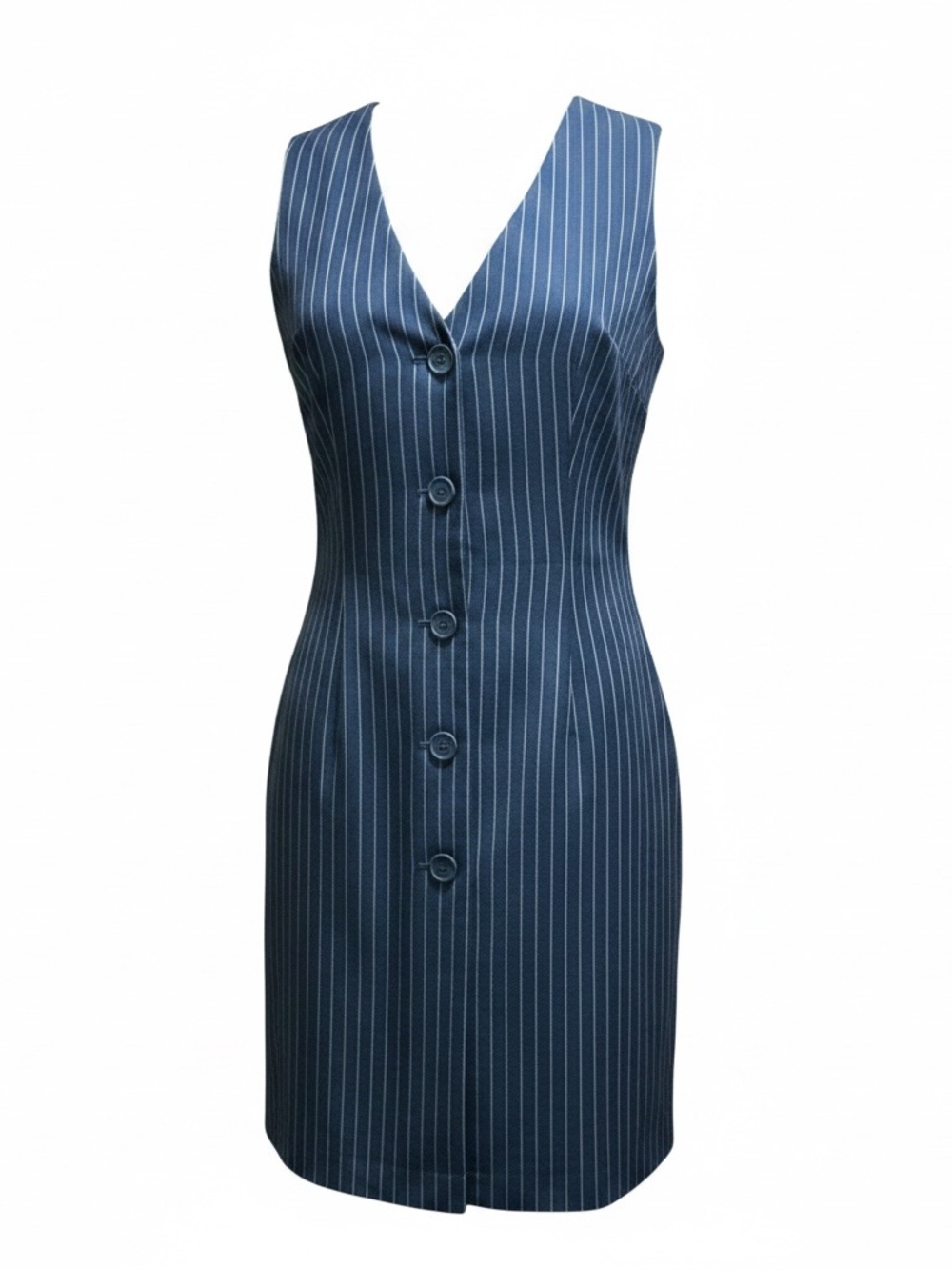 Steve Madden navy blue pinstripe dress with white vertical stripes.